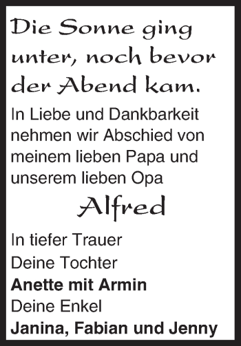 Traueranzeige von Alfred Jura von Trauerportal Echo Online