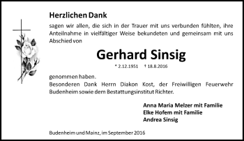 Traueranzeige von Gerhard Sinsig von Trauerportal Rhein Main Presse