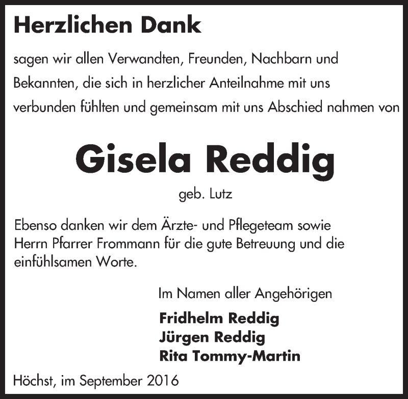  Traueranzeige für Gisela Reddig vom 17.09.2016 aus Trauerportal Echo Online