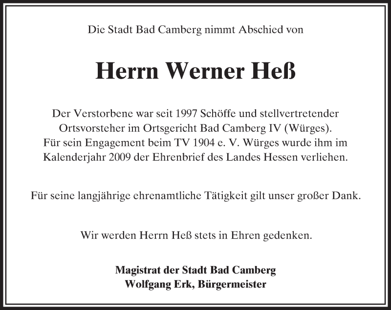  Traueranzeige für Werner Heß vom 08.09.2016 aus  Camberger Anzeiger