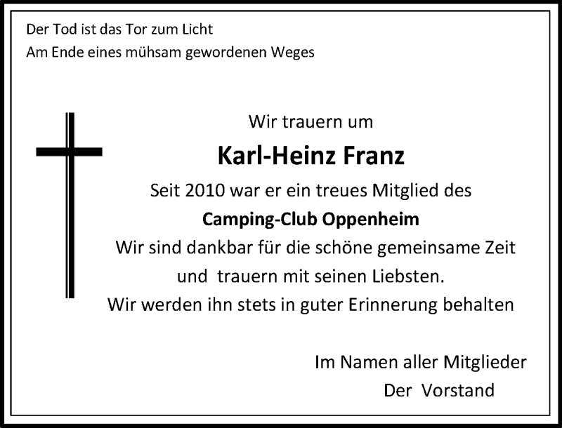  Traueranzeige für Karl-Heinz Franz vom 14.09.2016 aus Trauerportal Rhein Main Presse
