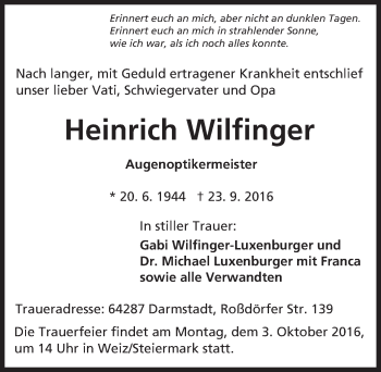 Traueranzeige von Heinrich Wilfinger von Trauerportal Echo Online