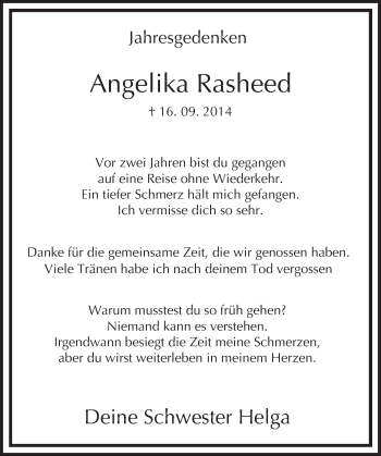 Traueranzeige von Angelika Rasheed von Trauerportal Rhein Main Presse