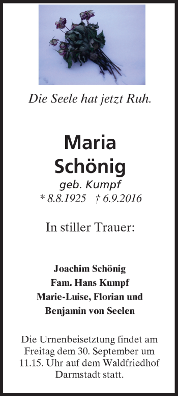 Traueranzeige von Maria Schönig von Trauerportal Echo Online