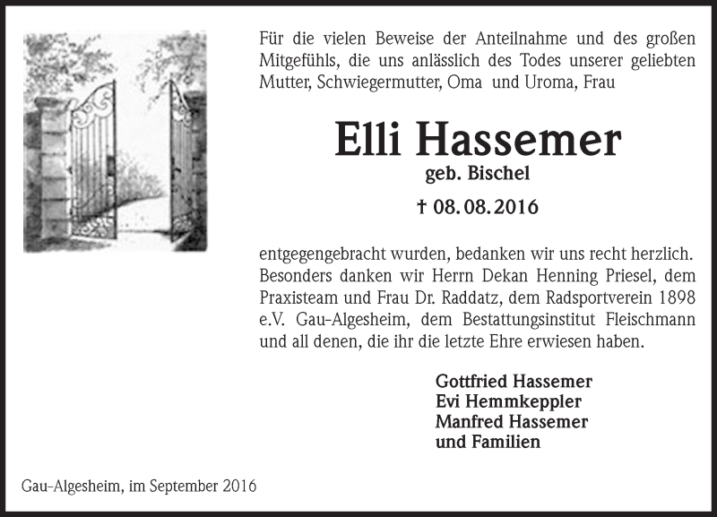  Traueranzeige für Elli Hassemer vom 03.09.2016 aus Trauerportal Rhein Main Presse
