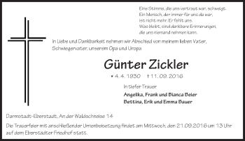 Traueranzeige von Günter Zickler von Trauerportal Echo Online