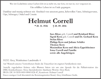 Traueranzeige von Helmut Correll von Trauerportal Rhein Main Presse