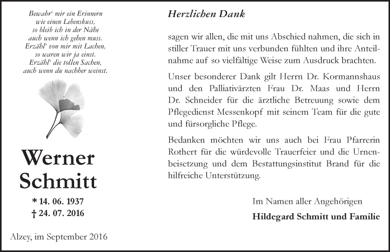  Traueranzeige für Werner Schmitt vom 10.09.2016 aus Trauerportal Rhein Main Presse