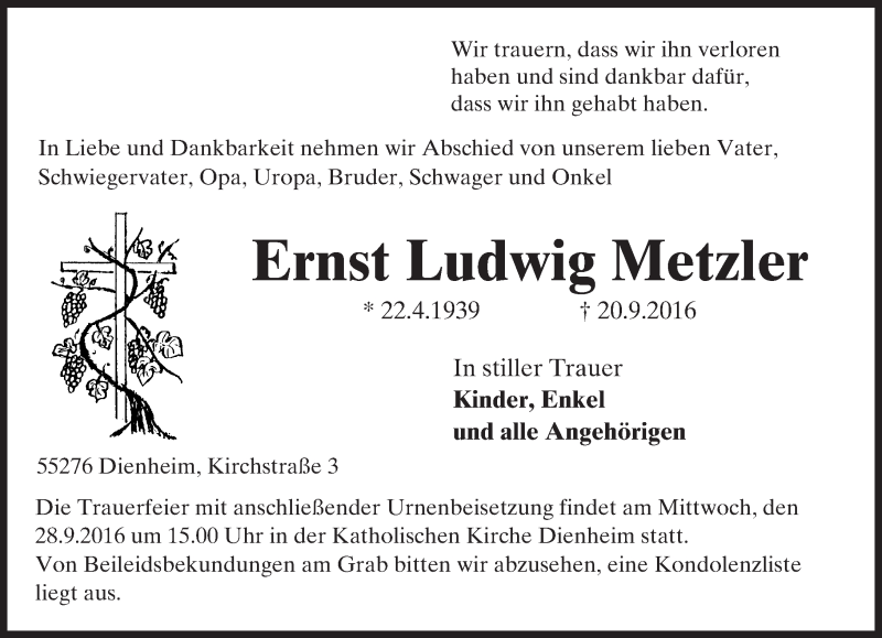  Traueranzeige für Ernst Ludwig Metzler vom 24.09.2016 aus Trauerportal Rhein Main Presse
