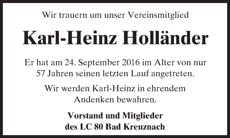  Traueranzeige für Karl-Heinz Holländer vom 28.09.2016 aus Trauerportal Rhein Main Presse