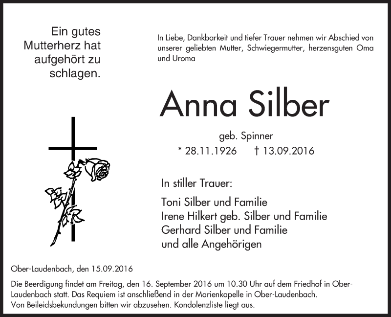  Traueranzeige für Anna Silber vom 15.09.2016 aus Trauerportal Rhein Main Presse