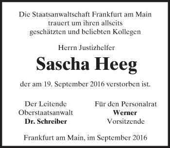 Traueranzeige von Sascha Heeg von  Gelnhäuser Tageblatt