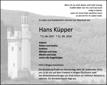 Traueranzeige von Hans Küpper von Trauerportal Rhein Main Presse