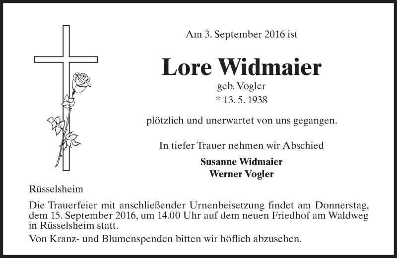  Traueranzeige für Lore Widmaier vom 10.09.2016 aus Trauerportal Rhein Main Presse
