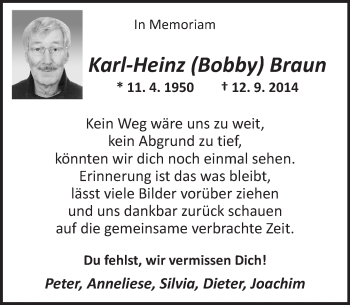 Traueranzeige von Karl-Heinz Braun von Trauerportal Rhein Main Presse