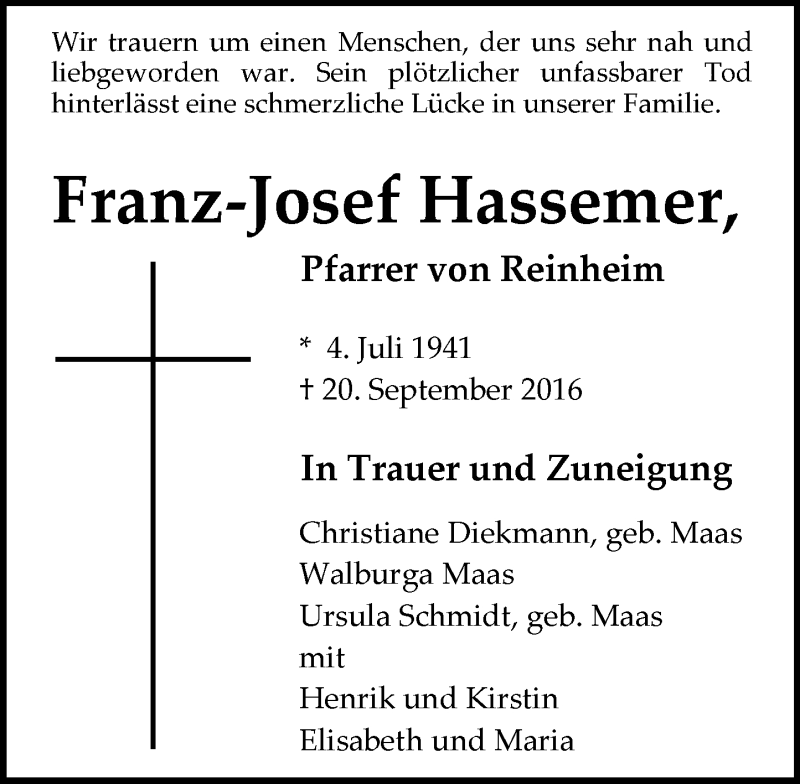  Traueranzeige für Franz-Josef Hassemer vom 24.09.2016 aus Trauerportal Echo Online