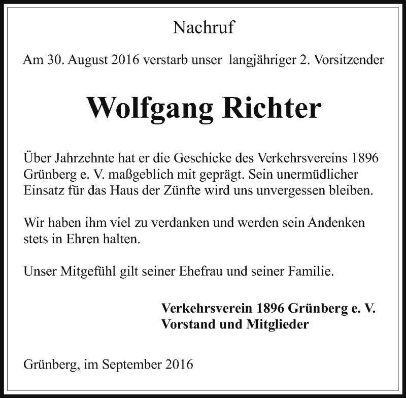  Traueranzeige für Wolfgang Richter vom 07.09.2016 aus  Gießener Anzeiger