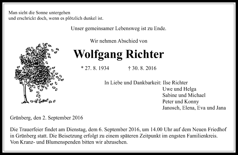  Traueranzeige für Wolfgang Richter vom 02.09.2016 aus  Gießener Anzeiger
