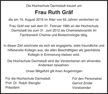 Traueranzeige von Ruth Gräf von Trauerportal Echo Online