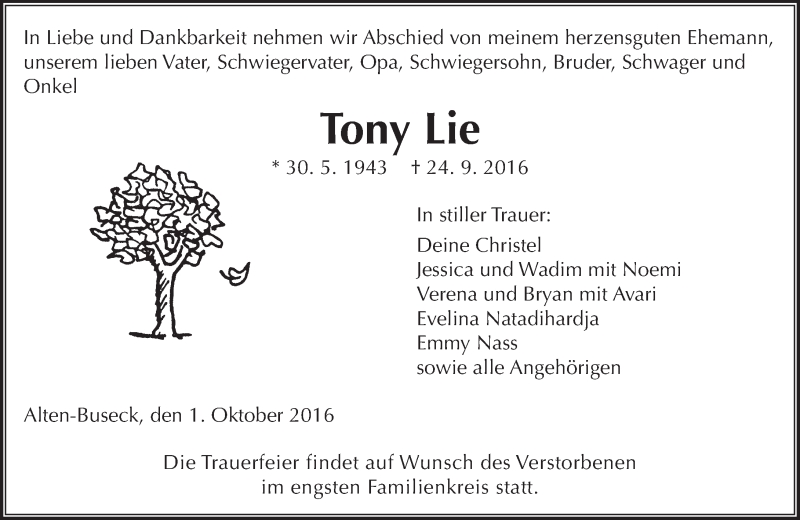  Traueranzeige für Tony Lie vom 01.10.2016 aus  Gießener Anzeiger