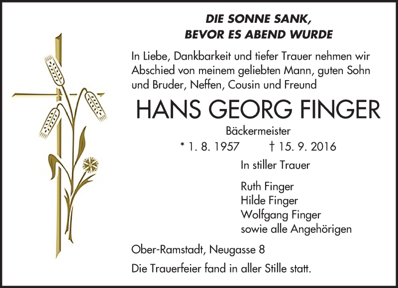  Traueranzeige für Hans Georg Finger vom 24.09.2016 aus Trauerportal Echo Online