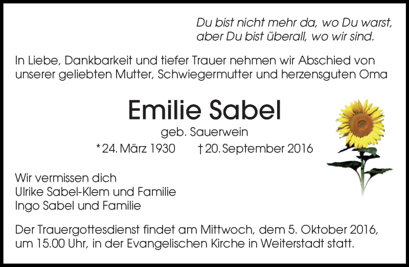  Traueranzeige für Emilie Sabel vom 01.10.2016 aus Trauerportal Echo Online