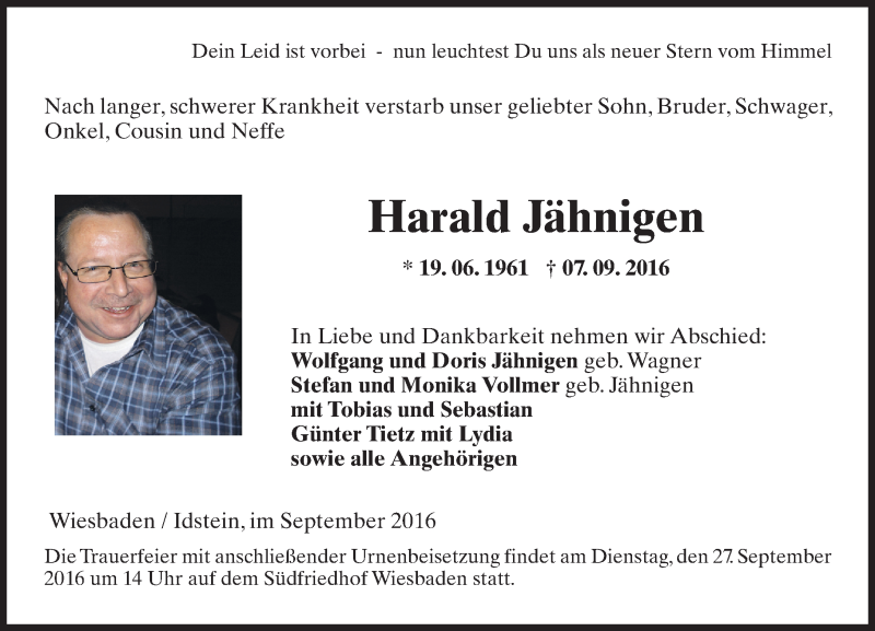  Traueranzeige für Harald Jähnigen vom 24.09.2016 aus Trauerportal Rhein Main Presse