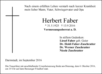 Traueranzeige von Herbert Faber von Trauerportal Echo Online
