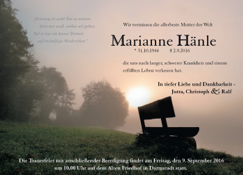 Traueranzeige von Marianne Hänle von Trauerportal Echo Online