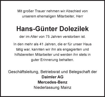 Traueranzeige von Hans-Günter Dolezilek von Trauerportal Rhein Main Presse