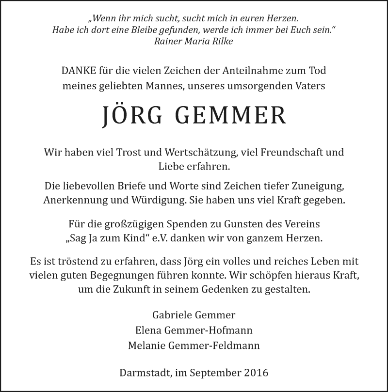  Traueranzeige für Jörg Gemmer vom 24.09.2016 aus Trauerportal Echo Online