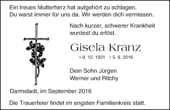 Traueranzeige von Gisela Kranz von Trauerportal Echo Online