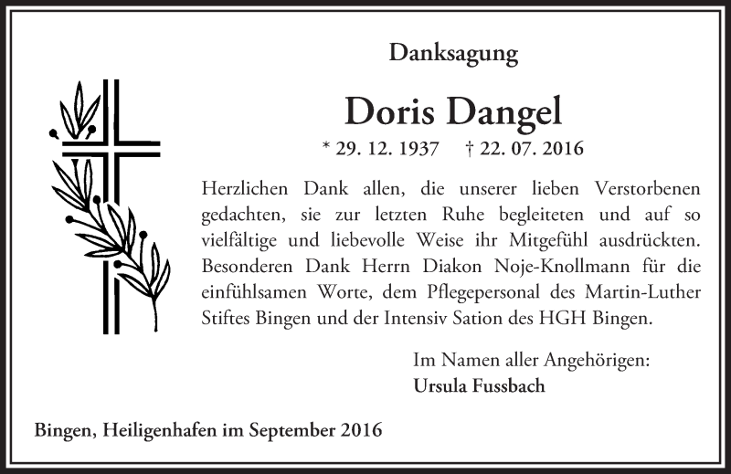  Traueranzeige für Doris Dangel vom 17.09.2016 aus Trauerportal Rhein Main Presse