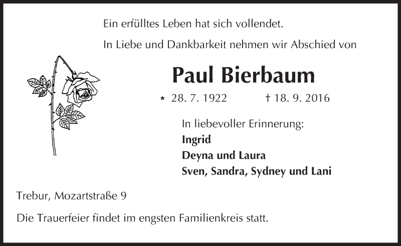  Traueranzeige für Paul Bierbaum vom 22.09.2016 aus Trauerportal Echo Online