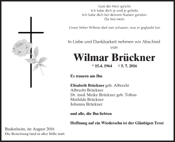 Traueranzeige von Wilmar Brückner von Trauerportal Rhein Main Presse