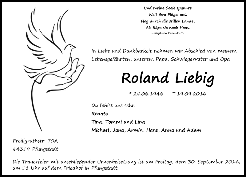  Traueranzeige für Roland Liebig vom 28.09.2016 aus Trauerportal Echo Online
