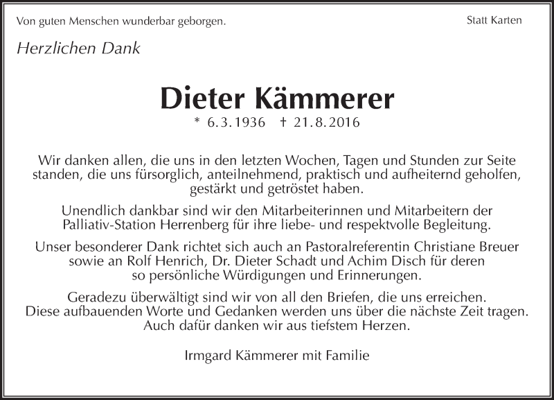  Traueranzeige für Dieter Kämmerer vom 08.09.2016 aus  Gießener Anzeiger