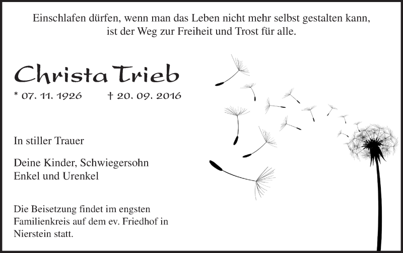  Traueranzeige für Christa Trieb vom 29.09.2016 aus Trauerportal Rhein Main Presse