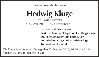 Traueranzeige von Hedwig Kluge von Trauerportal Echo Online