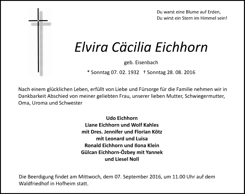  Traueranzeige für Elvira Cäcilia Eichhorn vom 02.09.2016 aus Trauerportal Rhein Main Presse