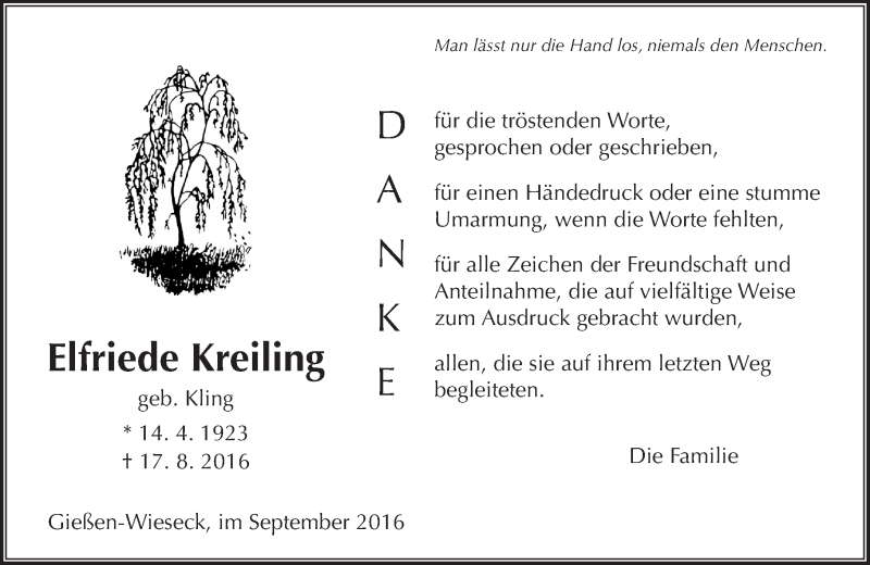  Traueranzeige für Elfriede Kreiling vom 17.09.2016 aus  Gießener Anzeiger
