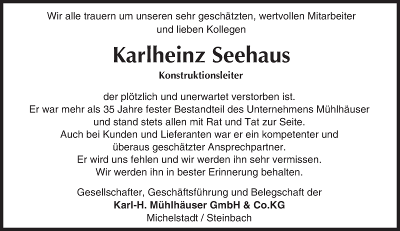  Traueranzeige für Karlheinz Seehaus vom 24.09.2016 aus Trauerportal Echo Online