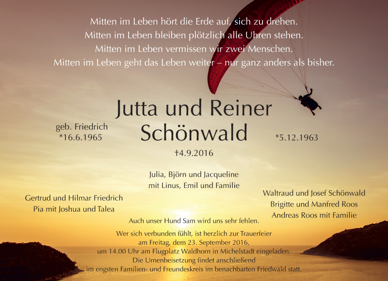  Traueranzeige für Jutta und Reiner Schönwald vom 17.09.2016 aus Trauerportal Echo Online