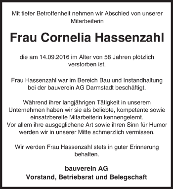 Traueranzeige von Cornelia Hassenzahl von Trauerportal Echo Online