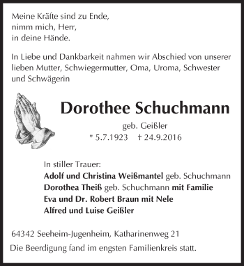 Traueranzeige von Dorothee Schuchmann von Trauerportal Echo Online