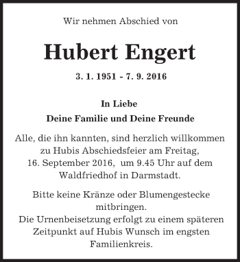 Traueranzeige von Hubert Engert von Trauerportal Echo Online
