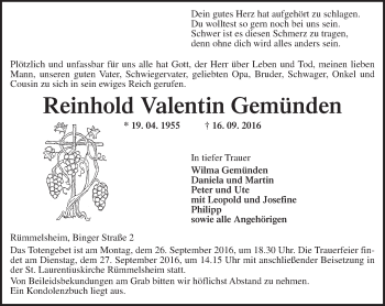 Traueranzeige von Reinhold Valentin Gemünden von Trauerportal Rhein Main Presse