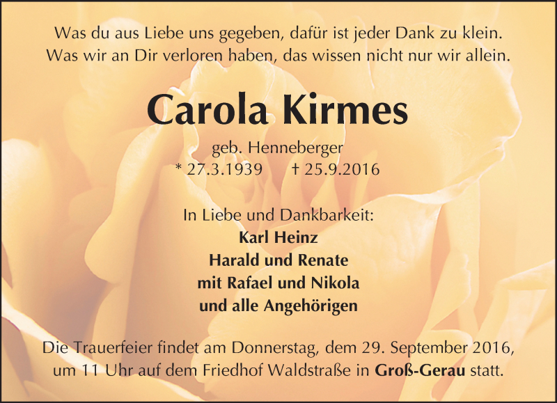  Traueranzeige für Carola Kirmes vom 27.09.2016 aus Trauerportal Echo Online