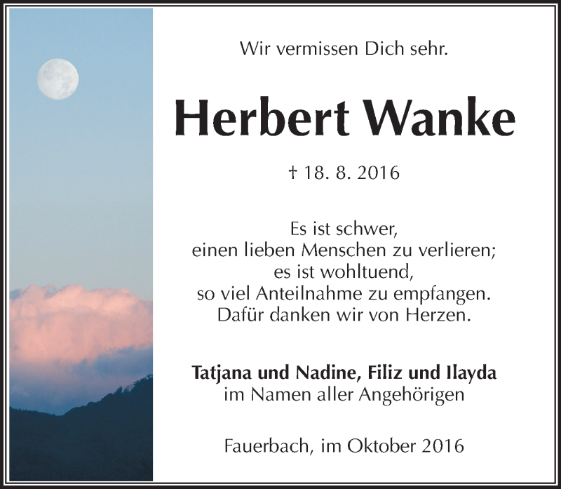  Traueranzeige für Herbert Wanke vom 01.10.2016 aus  Kreisanzeiger