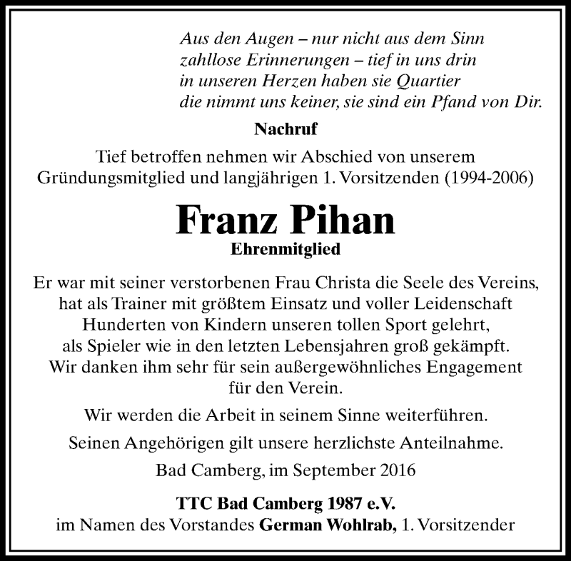  Traueranzeige für Franz Pihan vom 29.09.2016 aus  Camberger Anzeiger